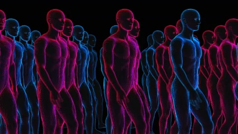 Geometric laser human figures walking. Seamless neon retro futuristic animation Stock-Footage 100284338