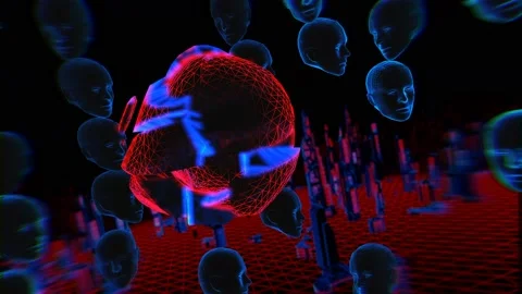 Geometric laser landscape with human broken face in a tunnel. Seamless neon Видео 104079762