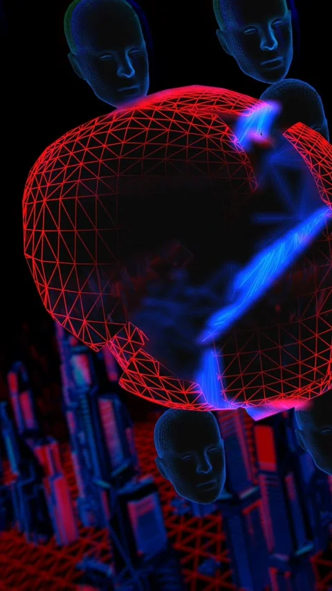 Geometric laser landscape with human broken face in a tunnel. Seamless vertical Stock-Footage 309128032