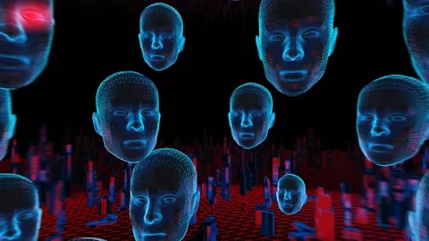 Geometric laser landscape with human faces. Seamless neon new retro wave Video stock 104078149