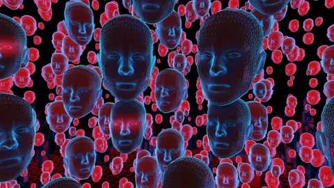 Geometric laser landscape with human faces. Seamless neon retro futuristic Video stock 104079898