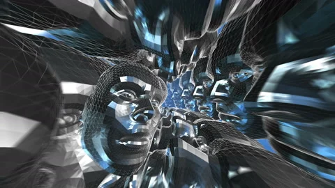 Geometric laser landscape with human faces. Seamless metal retro futuristic Video stock 105840999