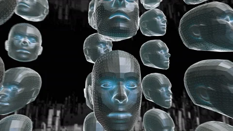 Geometric laser landscape with human faces. Seamless metal retro futuristic Vidéo 232672264