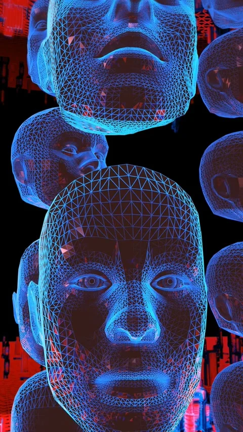 Geometric laser landscape with human faces. Seamless vertical video neon retro Stock-Footage 309120480