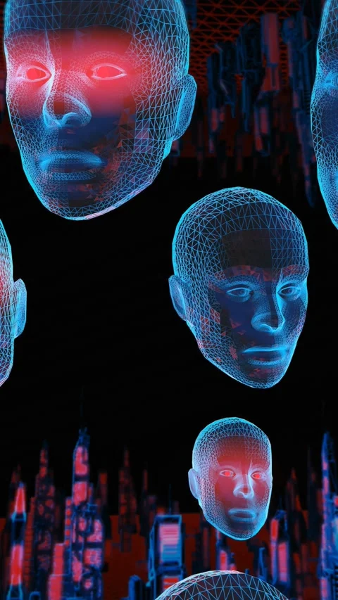 Geometric laser landscape with human faces. Seamless vertical video neon new Video stock 309123107