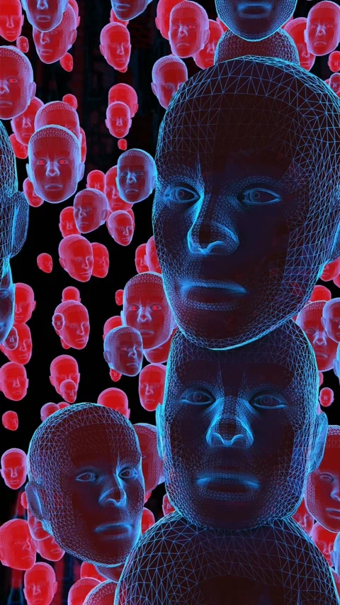 Geometric laser landscape with human faces. Seamless vertical video neon retro 스톡 동영상 309129286