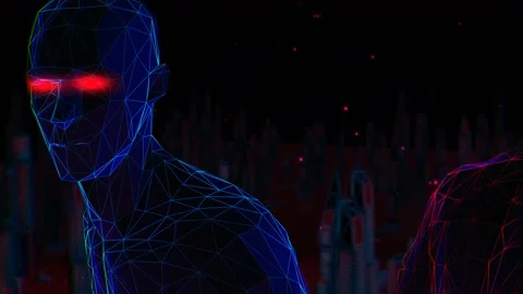 Geometric laser man figure on a lowpoly landscape. Seamless neon retro Stock-Footage 104061319