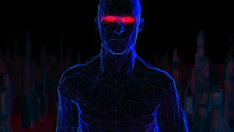 Geometric laser man figure on a lowpoly landscape. Seamless neon retro Stock-Footage 104061410