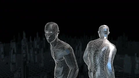 Geometric laser man figure on a lowpoly landscape. Seamless metal retro Stock-Footage 105943345