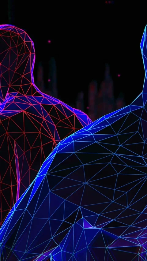 Geometric laser man figure on a lowpoly landscape. Seamless vertical video neon Stock-Footage 309301061