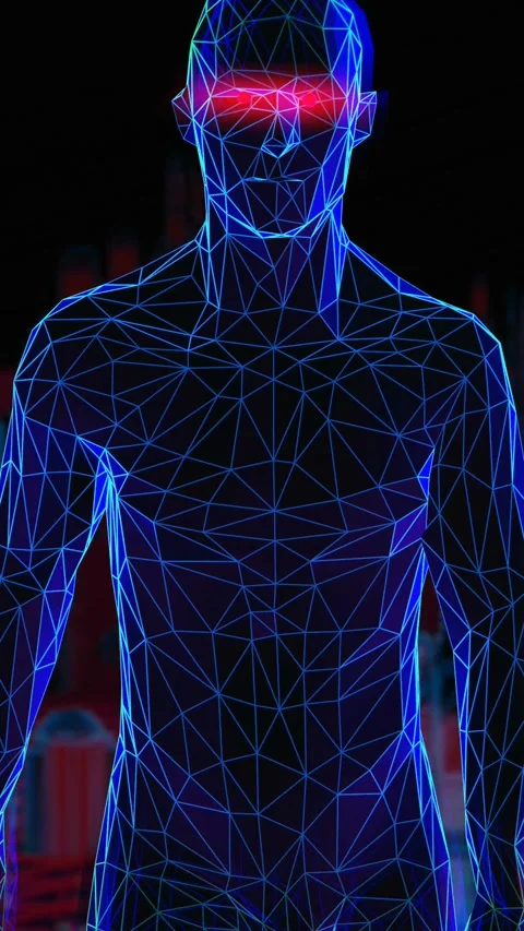 Geometric laser man figure on a lowpoly landscape. Seamless vertical video neon Stock-Footage 309301272