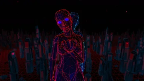 Geometric laser woman figure on a lowpoly landscape. Seamless neon retro Stock Footage 104080053