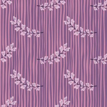 Geometric leaf branch seamless pattern on stripes background. Abstract floral Illustrazione stock