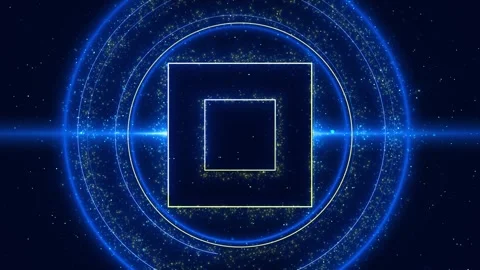 Geometric light portal visual with blue circular rings, square outlines, yellow Stock Footage 340550149
