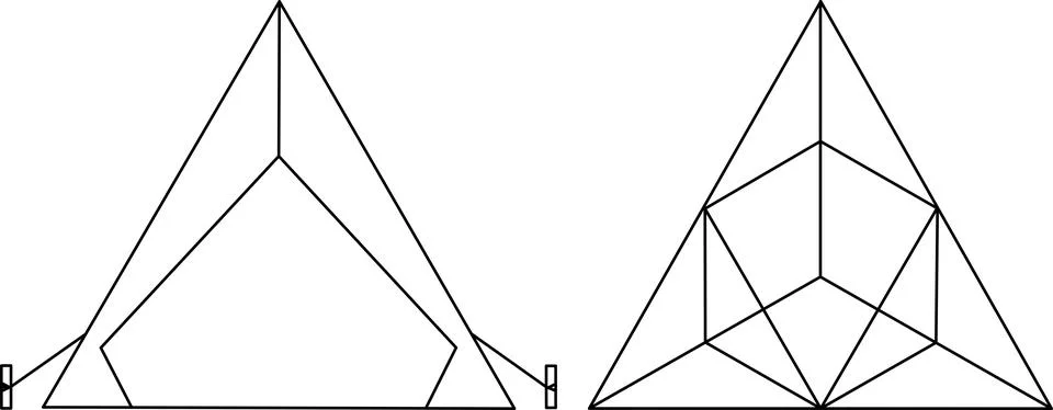 Geometric line drawings of triangular structures with internal subdivisions.. Illustrazione stock