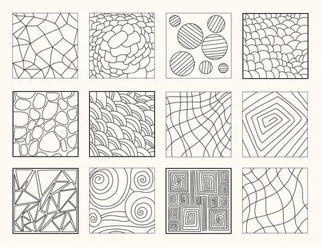 Geometric linear patterns backgrounds doodles set. Vector illustration. Iso.. Stock Illustration