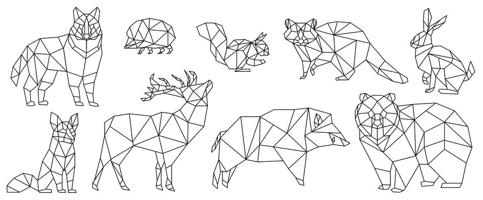 Geometric low poly animals set, black thin line creative polygonal design with Stock Illustration