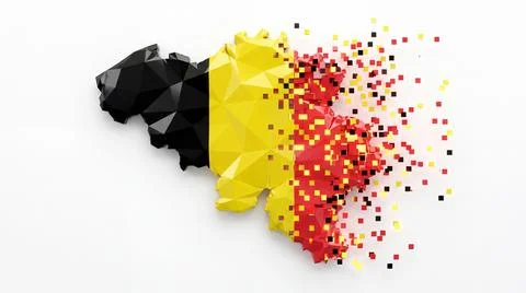 Geometric low poly map of Belgium disintegrating into vibrant colorful squa.. Stockillustratie