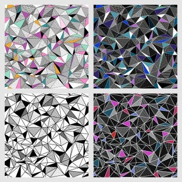 Geometric low poly triangle seamless patterns set. Stock Illustration
