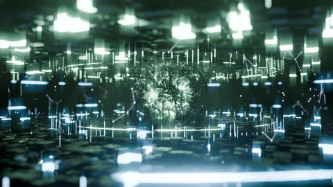A geometric luminous sphere surrounded by platforms and lights in an abstra.. Stock Footage 296788714