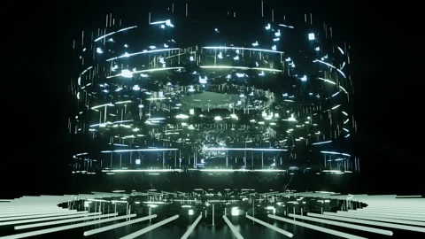 A geometric luminous sphere surrounded by platforms and lights in an abstra.. Stock Footage 296788753