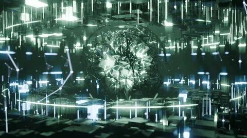 A geometric luminous sphere surrounded by platforms and lights in an abstra.. Stock Footage 296790192