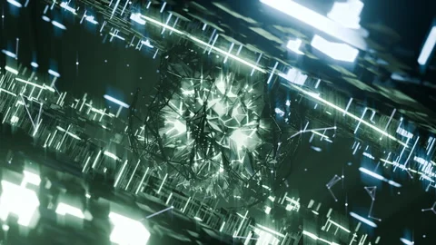 A geometric luminous sphere surrounded by platforms and lights in an abstra.. Stock Footage 296792340