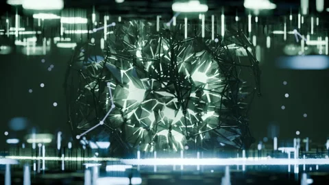 A geometric luminous sphere surrounded by platforms and lights in an abstra.. Stock Footage 296792454