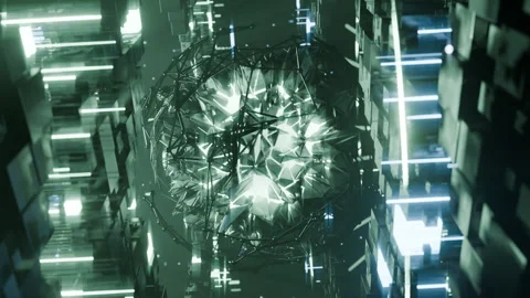A geometric luminous sphere surrounded by platforms and lights in an abstra.. Stock Footage 296792737