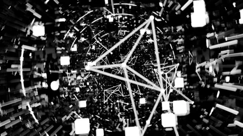 A geometric luminous sphere surrounded by platforms and lights in an abstra.. Stock Footage 296814240