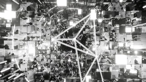 A geometric luminous sphere surrounded by platforms and lights in an abstra.. Stock Footage 296819176