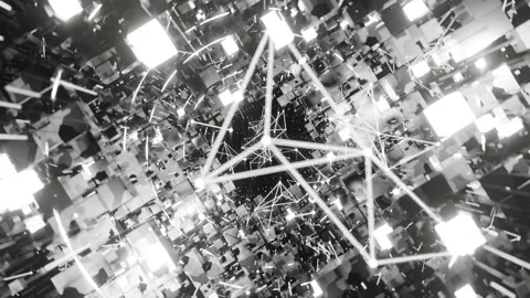 A geometric luminous sphere surrounded by platforms and lights in an abstra.. Stock Footage 296820544