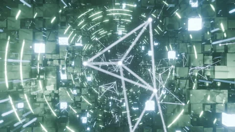 A geometric luminous sphere surrounded by platforms and lights in an abstra.. Stock Footage 296823392