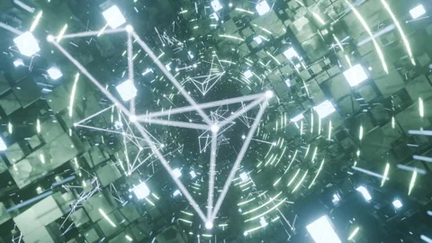 A geometric luminous sphere surrounded by platforms and lights in an abstra.. Stock Footage 296823552