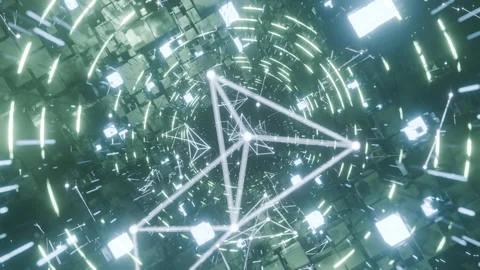 A geometric luminous sphere surrounded by platforms and lights in an abstra.. Stock Footage 296823600