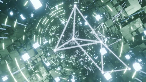 A geometric luminous sphere surrounded by platforms and lights in an abstra.. Stock Footage 296824557
