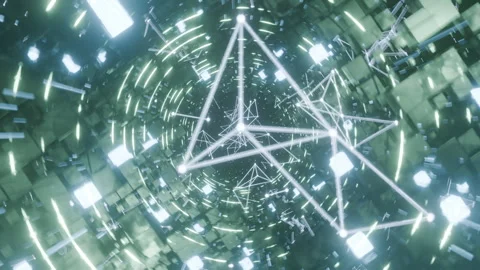 A geometric luminous sphere surrounded by platforms and lights in an abstra.. Stock Footage 296825306