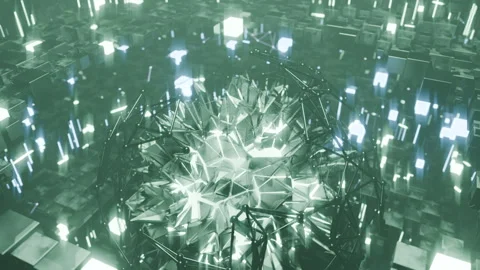 A geometric luminous sphere surrounded by platforms and lights in an abstra.. Stock Footage 296825972