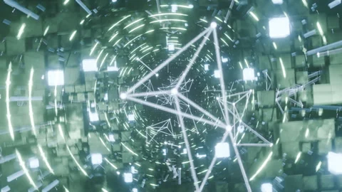 A geometric luminous sphere surrounded by platforms and lights in an abstra.. Stock Footage 296826222