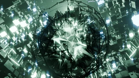 A geometric luminous sphere surrounded by platforms and lights in an abstra.. Stock Footage 296826449