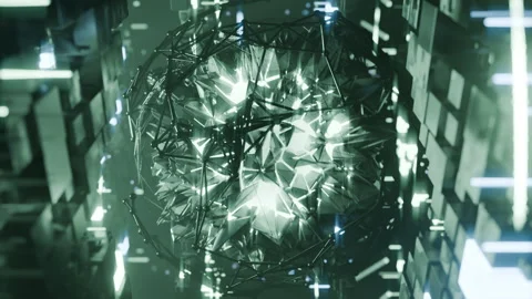 A geometric luminous sphere surrounded by platforms and lights in an abstra.. Stock Footage 296826796