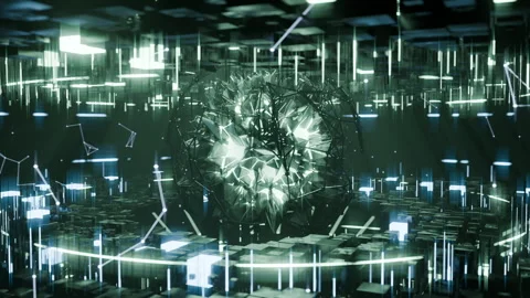 A geometric luminous sphere surrounded by platforms and lights in an abstra.. Stock Footage 296827077