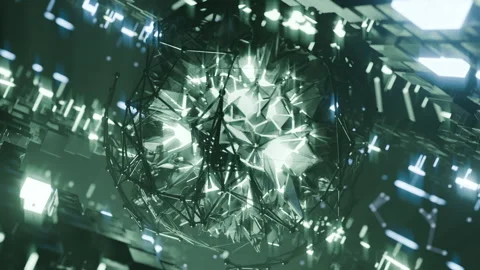 A geometric luminous sphere surrounded by platforms and lights in an abstra.. Stock Footage 296827340