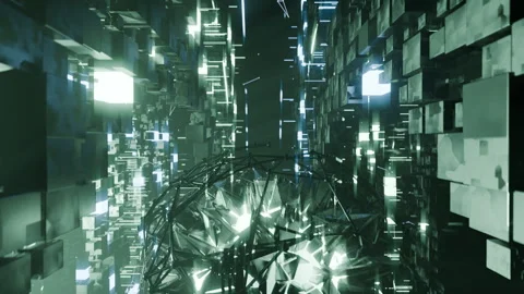 A geometric luminous sphere surrounded by platforms and lights in an abstra.. Stock Footage 296828453