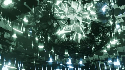 A geometric luminous sphere surrounded by platforms and lights in an abstra.. Stock Footage 296828828