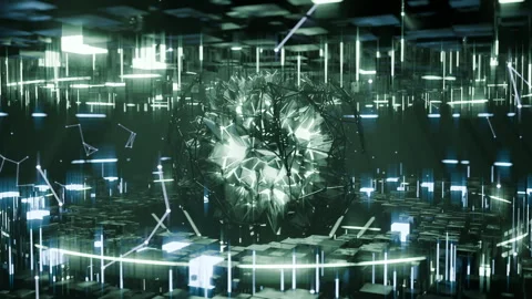 A geometric luminous sphere surrounded by platforms and lights in an abstra.. Stock Footage 296829690