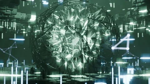 A geometric luminous sphere surrounded by platforms and lights in an abstra.. Stock Footage 296830067