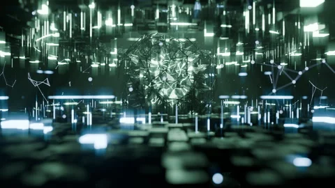 A geometric luminous sphere surrounded by platforms and lights in an abstra.. Stock Footage 296830776