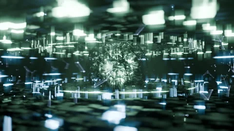 A geometric luminous sphere surrounded by platforms and lights in an abstra.. Stock Footage 296830927