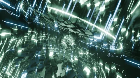 A geometric luminous sphere surrounded by platforms and lights in an abstra.. Stock Footage 296831541